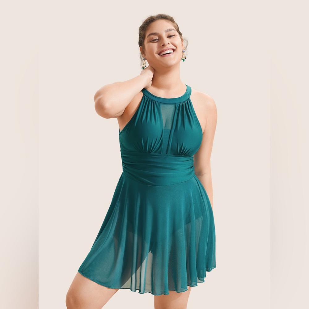 Knotted Back Mesh Insert Halter Swim Dress 3XL